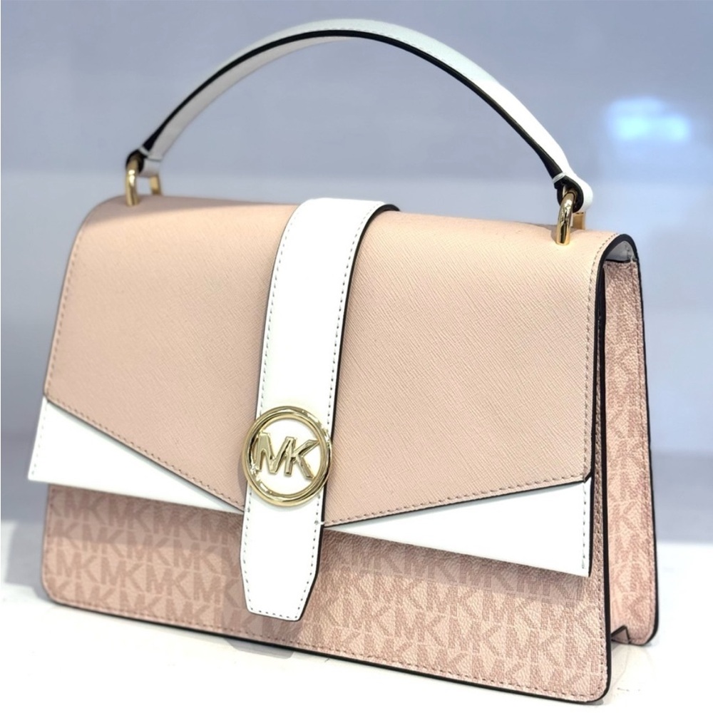 Michael Kors Greenwich Medium Signature Logo Satchel Bag Powder Blush Multi